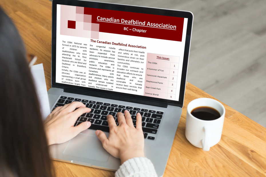 Photo of a laptop with a cup of black coffee to the right. The laptop is open to the ‘Canadian Deafblind Association – BC Chapter Newsletter.