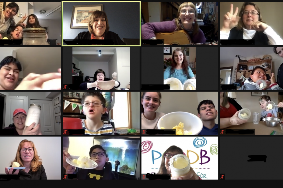 Photo of a Zoom virtual platform screen with collage of 15 photos of people holding up their bowls and jars of butter that they made for the Virtual Activity.