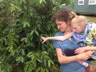 Portrait of a woman wearing glasses and a blue shirt holding her daughter with blonde hair who is reaching for a bush that is in front of them