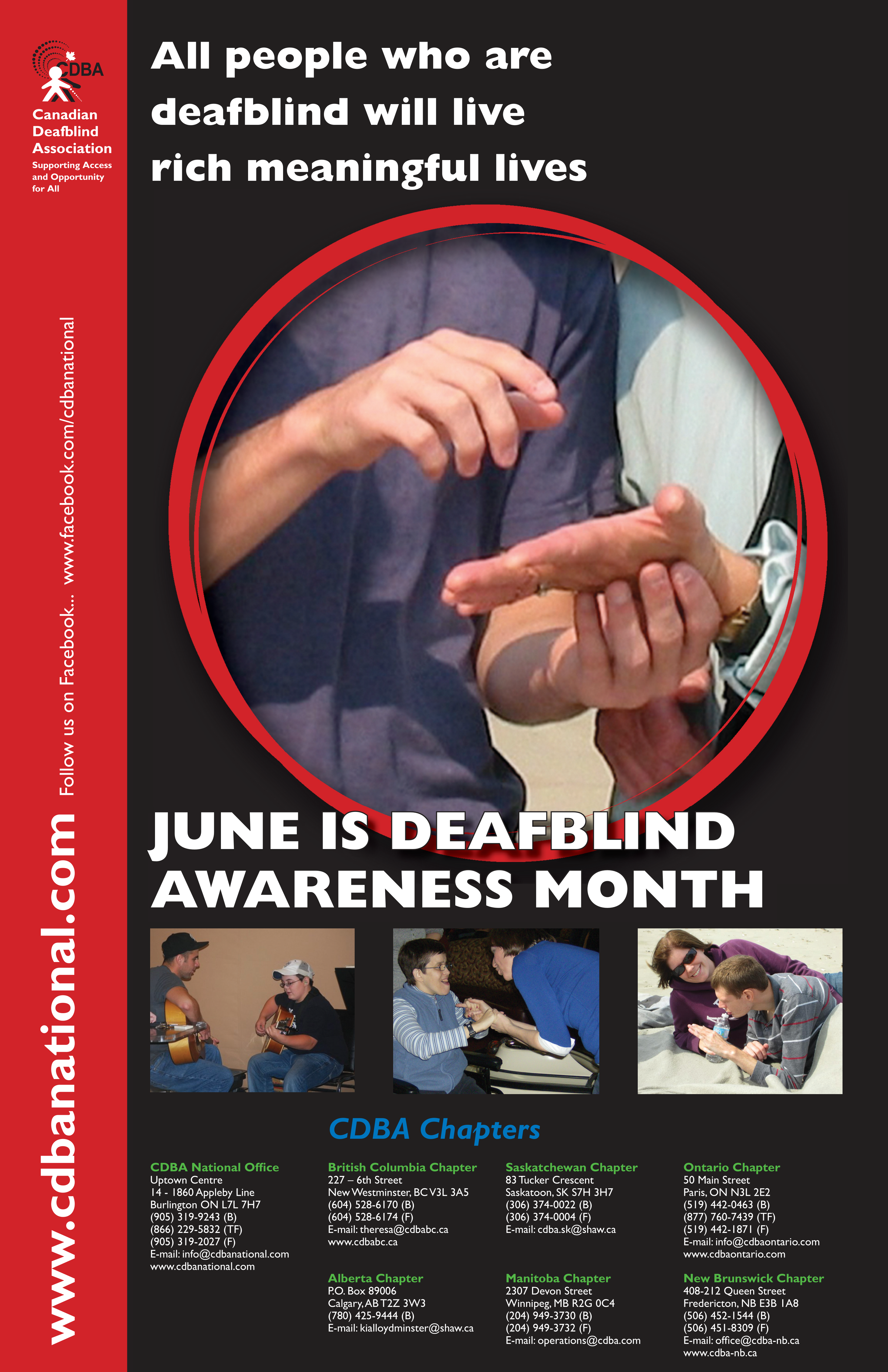 A poster that says June is Deafblind Awareness Month. There is a photo in the center of an adult using finger spelling into the hand of another adult.