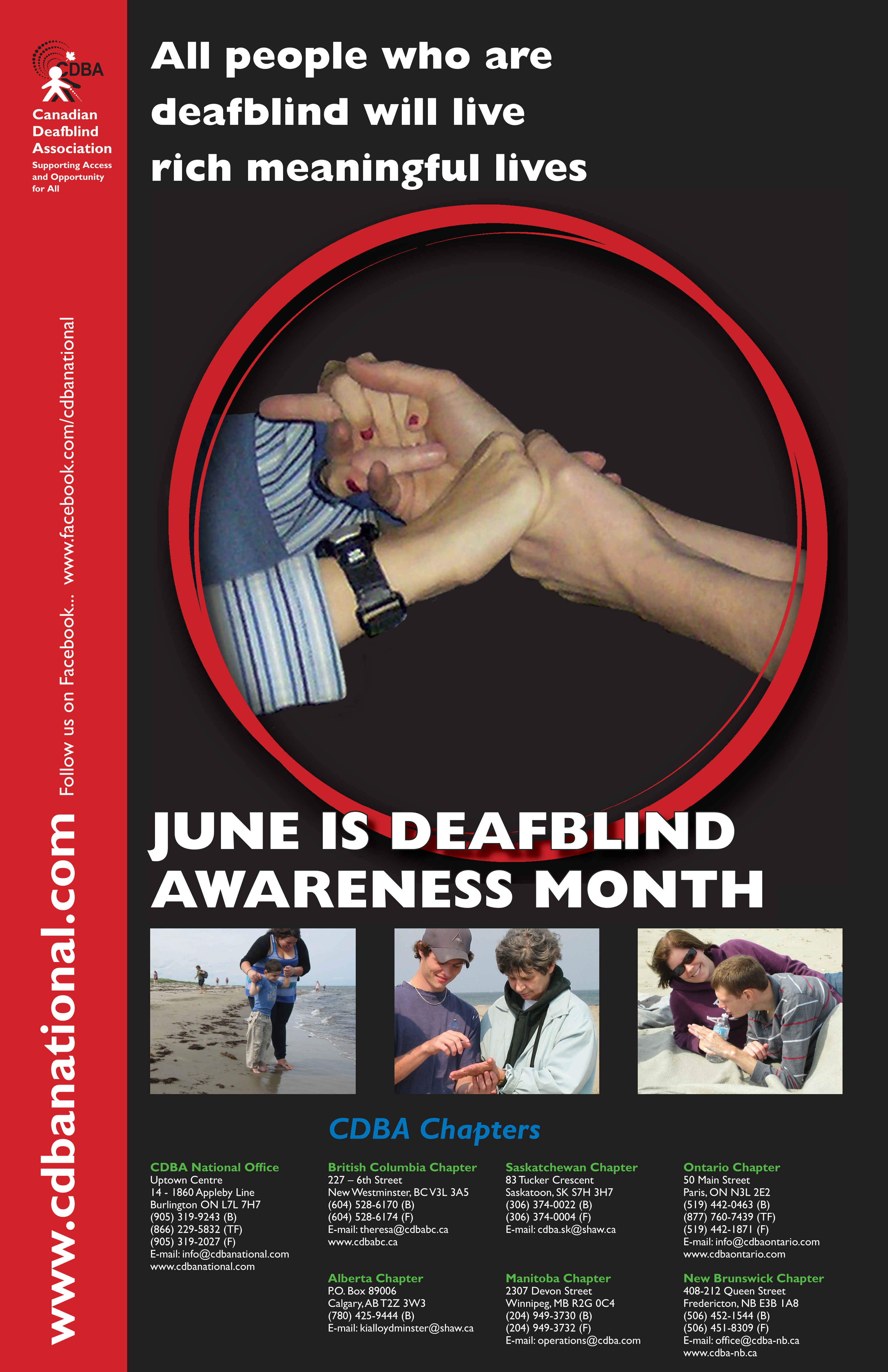 A poster that says June is Deafblind Awareness Month. There is a photo in the center of the hands of two adults signing together using tactile sign.