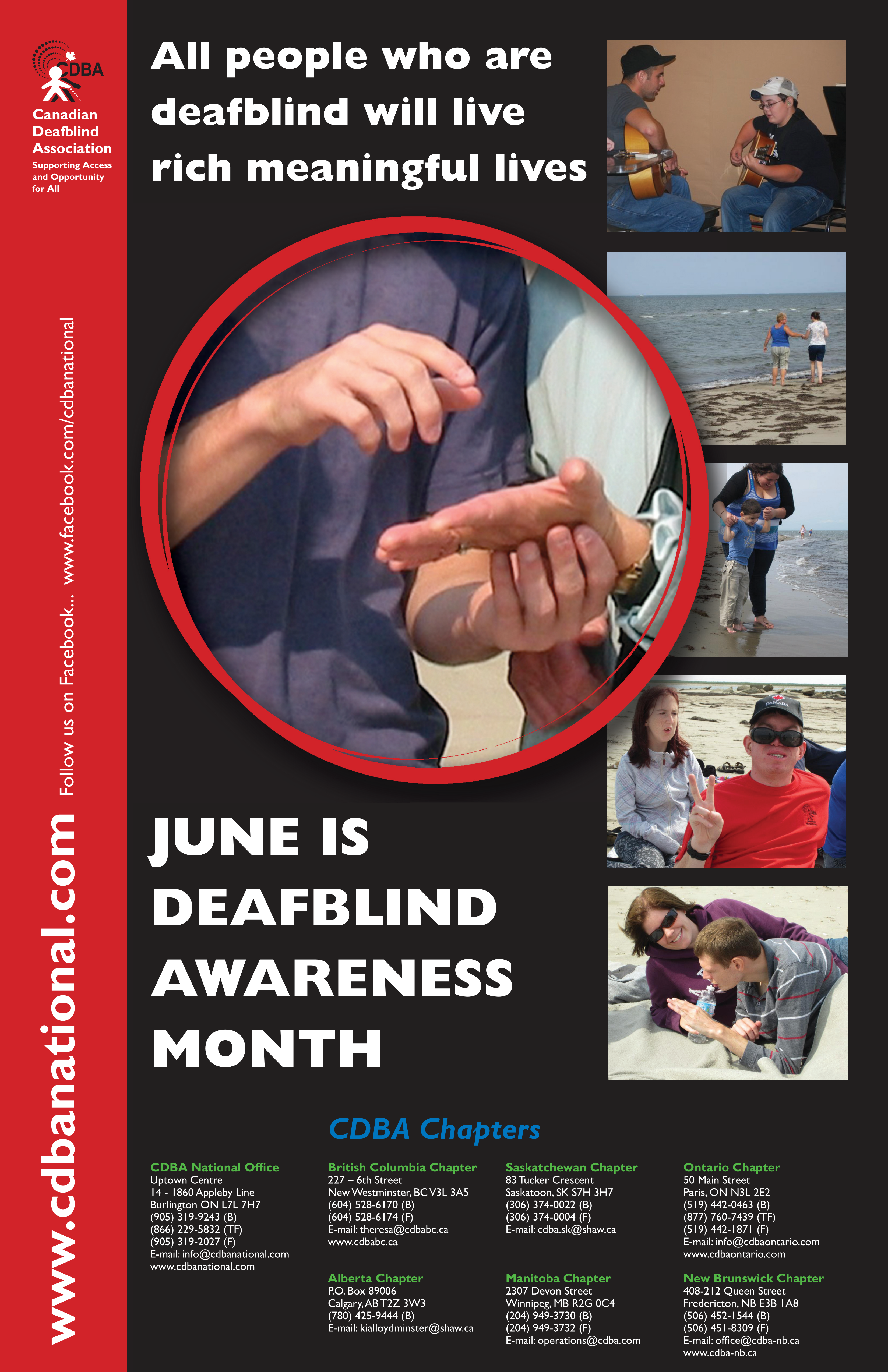 A poster that says June is Deafblind Awareness Month. There is a photo in the center of an adult using finger spelling into the hand of another adult.