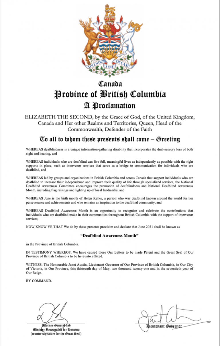 A photo of the Province of British Columbia Proclamation stating June 2021 as Deafblind Awareness Month.