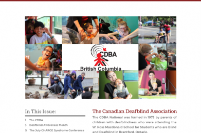 Picture of the first page of the CDBA-BC Spring/Summer 2021 Newsletter. A collage of photos of children and adults doing fun activities around the CDBA-BC logo. Below the photo is a list of topics ‘In this issue’ and an article about CDBA National.