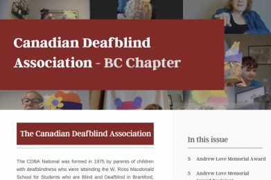 Front page of CDBA-BC newsletter. Includes photos of children and adults making crafts and the Table of Contents for this issue.