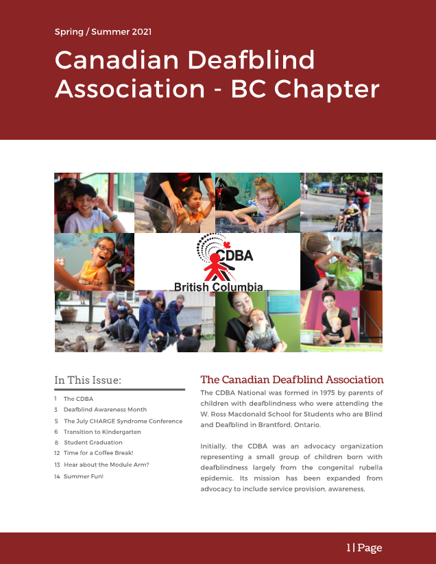 Picture of the first page of the CDBA-BC Spring/Summer 2021 Newsletter. A collage of photos of children and adults doing fun activities around the CDBA-BC logo. Below the photo is a list of topics ‘In this issue’ and an article about CDBA National.